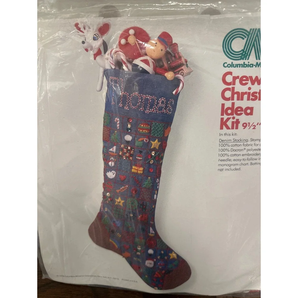 Vintage 1978 Columbia Minerva Crewel Christmas Denim Stocking Kit 7873 holiday